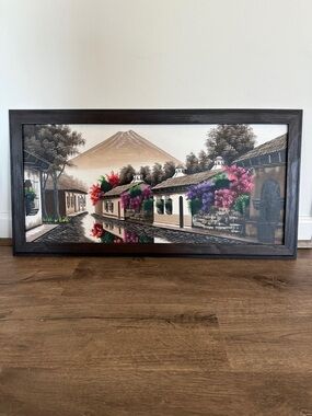Framed Village Landscape Painting with Colorful Bougainvillea